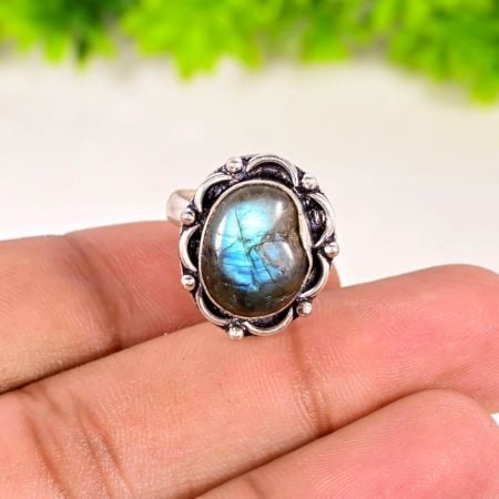 Handmade Oxidized Ring with Fancy Shaped Labradorite Gemstone for Women